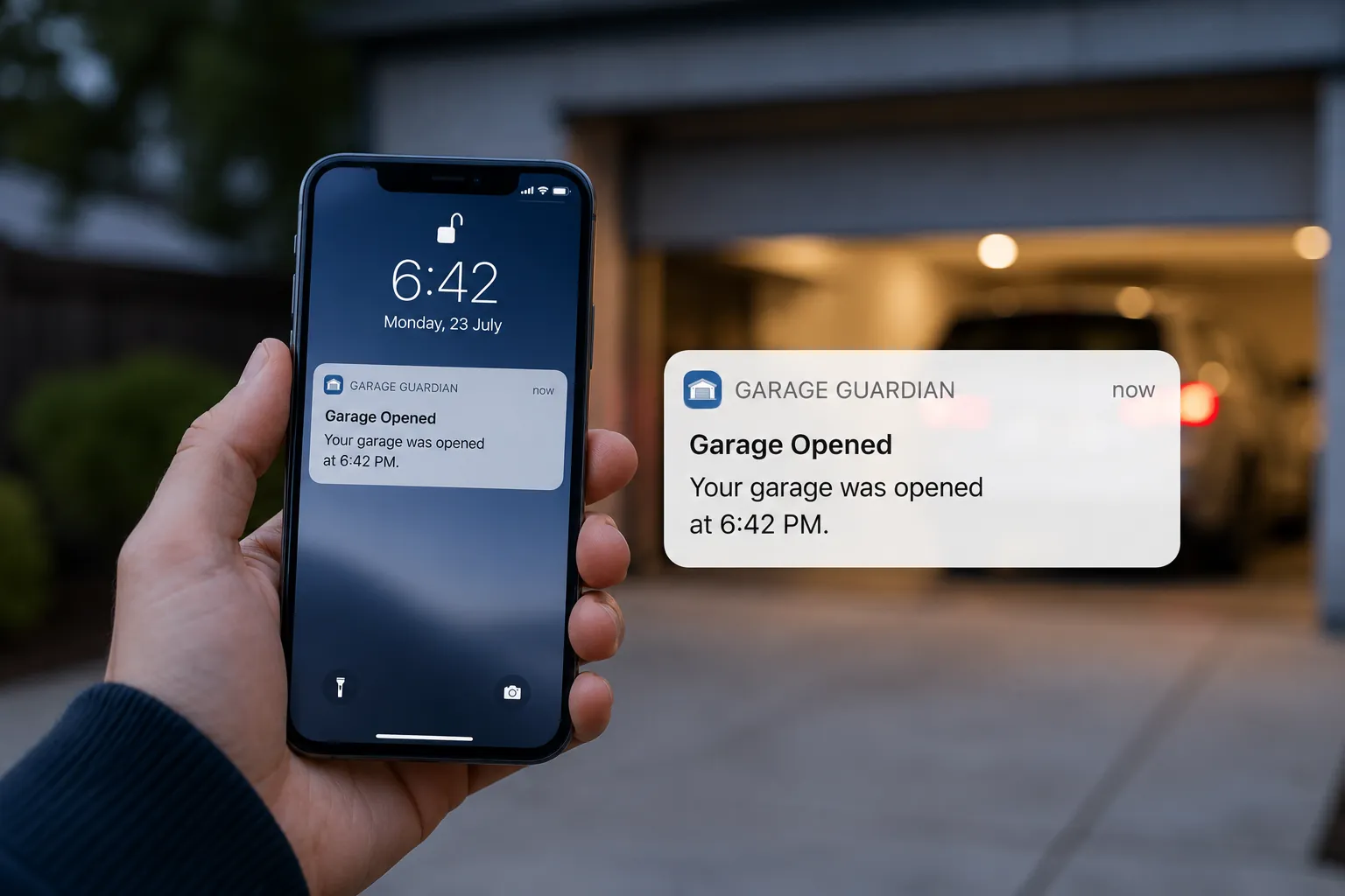 Push notification from the Omnira app saying the garage opened